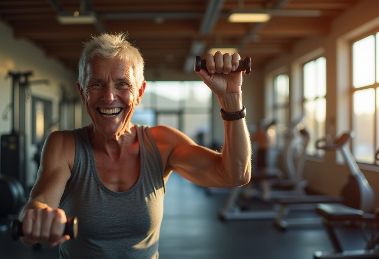 Фитнес специалист работи с възрастен клиент